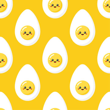 Kawaii eggs with smiling faces on bright yellow background. Vector seamless pattern. Best for textile, print, wrapping paper, package and your design. 