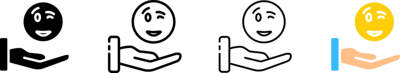 Smile emoticon icons. Line, emoticon in the palm, smile emoticon with an open and closed eye, palm of the hand. Vector icons