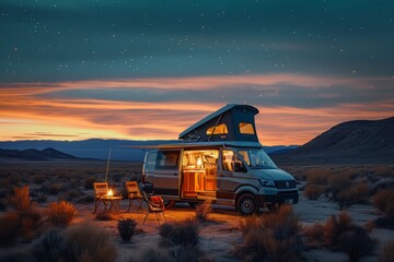 Campervan parked in a desert at twilight with a rooftop tent and chairs set outside.