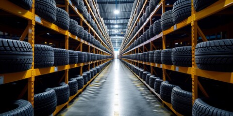 Rows of new tires stored on racks in a warehouse.