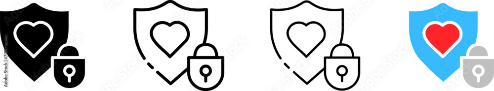 Poster heart inside the shield. different styles, key lock icon, heart inside shield with key lock icons se