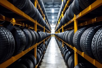 Rows of new tires stored on racks in a warehouse. - obrazy, fototapety, plakaty