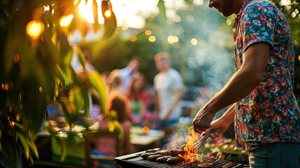 Man in colorful clothes grilling kebab food on barbecue In the backyard At the party