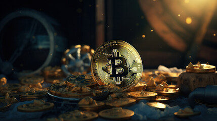 Bitcoin with gold coins and bars, financial cryptocurrency background