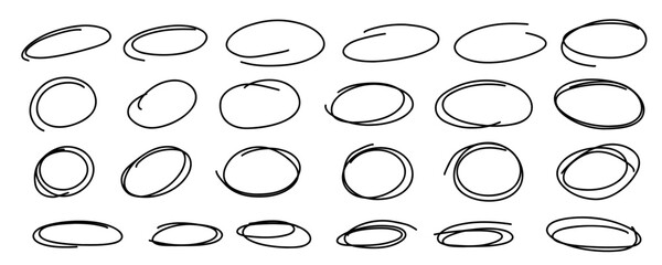 Highlight oval marker frames line set. Hand drawn scribble circle sketch set. Doodle ovals and ellipses line template. Vector illustration oval isolated on white background.