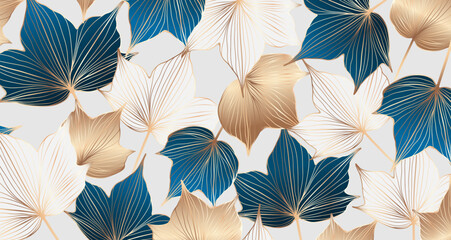 Botanical luxury vector background with gold, blue and white leaves. Botanical card, cover design.