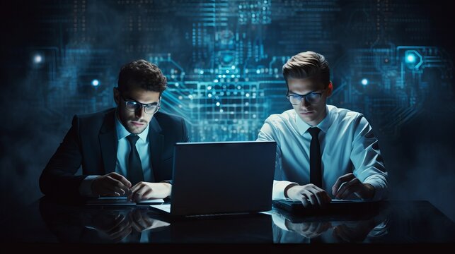 Two young business colleagues are working at a computer. Men work on cybersecurity, video games, and the development of new technologies in the office.