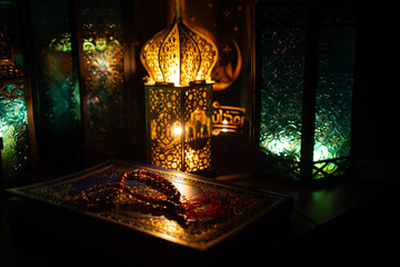 Rosary Beads and Koran (Quran) in the Colorful Ramadan Lanterns Ramadan Month Background Photo,...