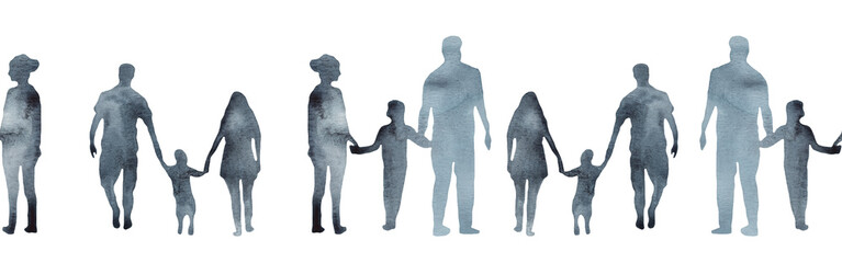 Watercolor border with silhouettes of people. Brush strokes in the form of blue silhouettes of people,Silhouette of family on white background.