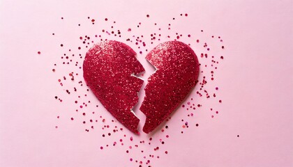 glitter heart dissolving into pieces on pink background valentines day broken heart and love emergence concept