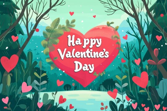 A postcard with a picture of a heart and the text "Happy Valentine's Day",  with forest landscape background 