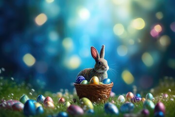 Adorable Easter Bunny with Decorative Egg in a Basket Amidst Spring Greens - Generative AI