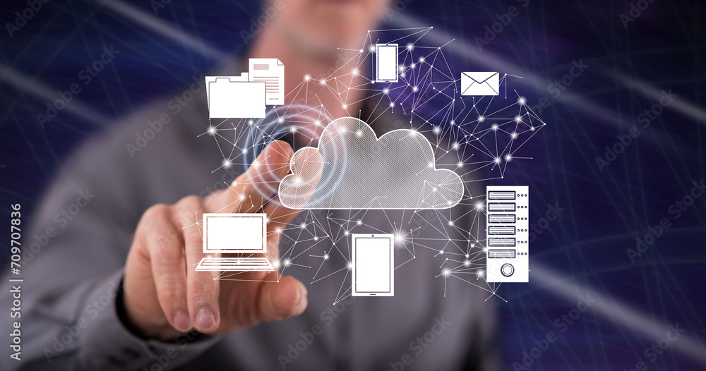 Wall mural man touching a cloud computing concept