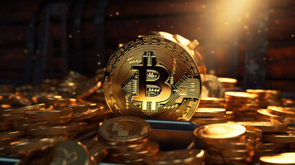 Bitcoin with gold coins and bars, financial cryptocurrency background