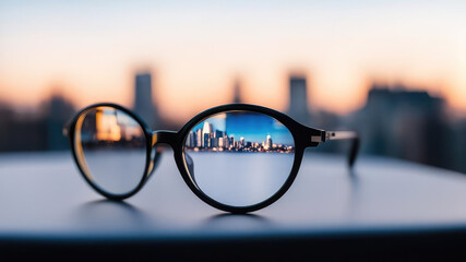 Clear city in glasses on the background of blurred city.Optometry, myopia,vision correction concept.Generative AI. 