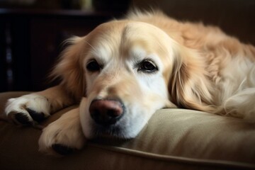 A cute dog finds comfort on the sofa, peacefully resting after a tiring day. Generative AI