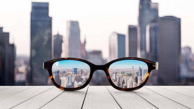 Clear city in glasses on the background of blurred city.Optometry, myopia,vision correction concept.Generative AI. 