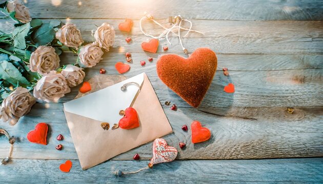 valentine s day love letter heart felt and decor on wooden background illustration