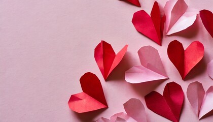valentine day background of fly paper red and pink hearts on pink color backdrop copy space illustration