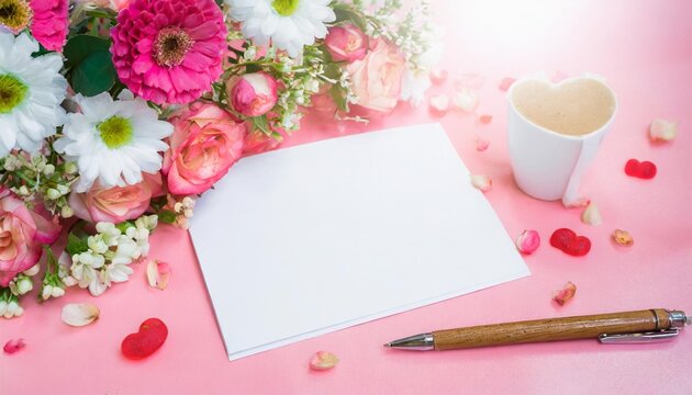 white blank greeting card on the pink background with flowers love letter illustration