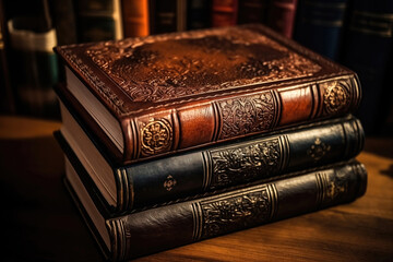 Vintage books with decorated leather covers, selective focus.