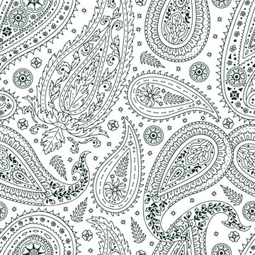 Monohcrome seamless pattern with Paisley motifs on white background. Traditional indian repeat design.