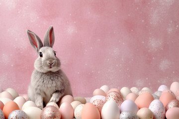 Adorable Easter Bunny Amid a Pastel Symphony: Vibrant Colored Eggs, Joyful Celebration, and the Essence of Spring, Set on a Pink Background