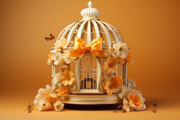 Romantic White Wedding Birdcage, on an isolated Honey Yellow background, Generative AI