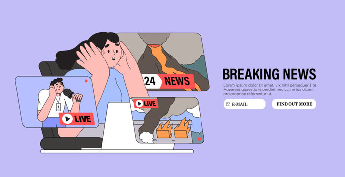 News channels share or broadcast latest or hot news, livestream. Break for news feed during working hours on laptop. Vector graphic style illustration for web or social media banner, ui, app.