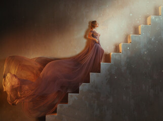 Fairy lady queen fashion model walking go on steps of staircase old style, beauty Princess girl in royal lush long fabric train skirt gown purple dress fly. Sexy Fantasy woman raises stairs art photo