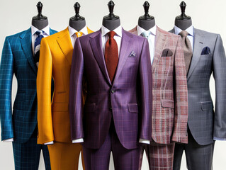 Real photos of suits. Suit styles include black, navy, sapphire, light grey, dark grey, burgundy