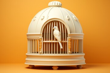 Fototapeta premium Victorian Inspired White Parrot Cage, on an isolated Butter Yellow background, Generative AI