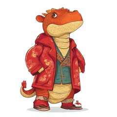 adorable dragon wearing red Chinese long robe style outfit, Chinese new year cartoon, isolated on white background , Generative Ai