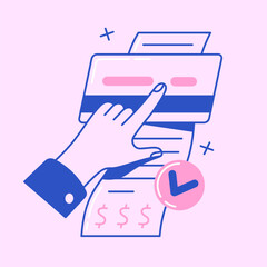 People pay check, bill with bank plastic card. Success contactless wireless cashless payment. Customers purchase, buy, transfer money using virtual account. Flat isolated lineart vector illustration