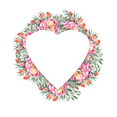 wedding congrats card with watercolor wreath delicate flowers in circle on white backdrop