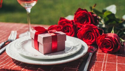 valentines day dinner red romantic table setting with wine gift and red roses
