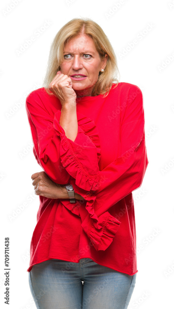 Poster Middle age blonde woman over isolated background looking stressed and nervous with hands on mouth biting nails. Anxiety problem.