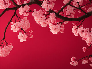 Obraz na płótnie Canvas Blossoming Elegance: Cherry Blossom Branches on Gradient Red Background
