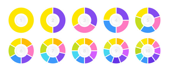 Set of colorful circle diagrams for infographic, business or presentation. Pie chart set with sections or steps from 1 to 10. Vector illustration