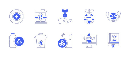 Ecology icon set. Duotone style line stroke and bold. Vector illustration. Containing ecology, eco friendly, energy, recyclable, barrel, bin, plant, oil.