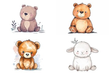 watercolor cartoon illustration collection set, cute baby animals, isolated on white background, idea for sticker and junk journal clipart, bear, sheep,  Generative Ai