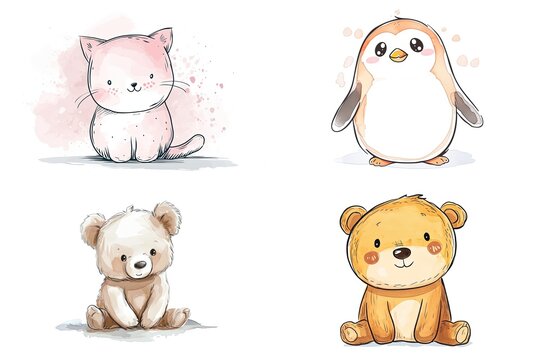 watercolor cartoon illustration collection set, cute baby animals, isolated on white background, idea for sticker and junk journal clipart, cat, penguin, bear, Generative Ai