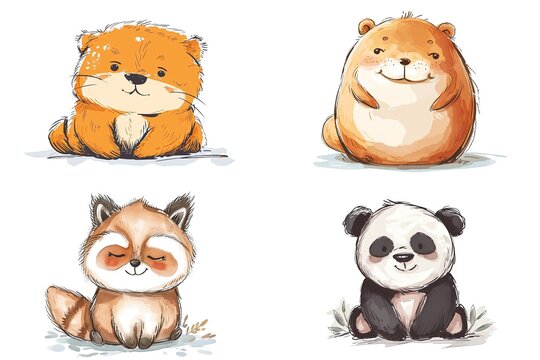 watercolor cartoon illustration collection set, cute baby animals, isolated on white background, idea for sticker and junk journal clipart, bear, fox, panda, beaver,  Generative Ai