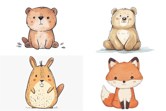  watercolor cartoon illustration collection set, cute baby animals, isolated on white background, idea for sticker and junk journal clipart, bear, fox, squirrel, Generative Ai