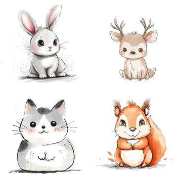  watercolor cartoon illustration collection set, cute baby animals, isolated on white background, idea for sticker and junk journal clipart, rabbit, hare, cat, squirrel, deer, Generative Ai
