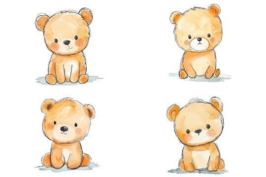  watercolor cartoon illustration collection set, cute baby animals, isolated on white background, idea for sticker and junk journal clipart, bear, Generative Ai