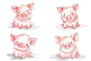 Fototapeta premium watercolor cartoon illustration collection set, cute baby animals, isolated on white background, idea for sticker and junk journal clipart, pink pig, piglet, Generative Ai