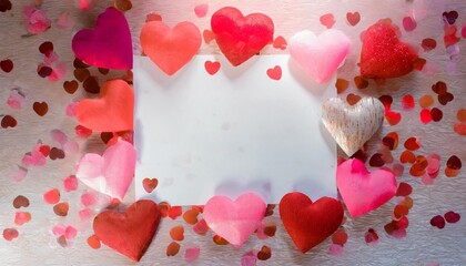copy space in center of image surrounded by valentine hearts the colors are red and pink and there is room on the paper for a valentine s day message created with illustration