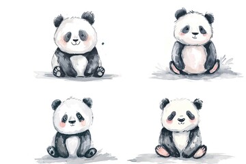 watercolor cartoon illustration collection set, cute baby animals, isolated on white background, idea for sticker and junk journal clipart, panda, bear, Generative Ai