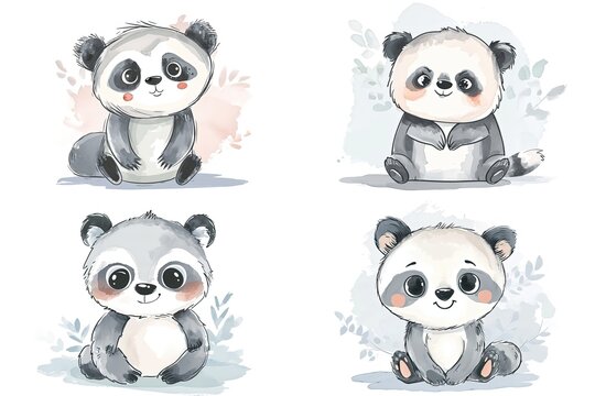  watercolor cartoon illustration collection set, cute baby animals, isolated on white background, idea for sticker and junk journal clipart,  panda, bear, Generative Ai
